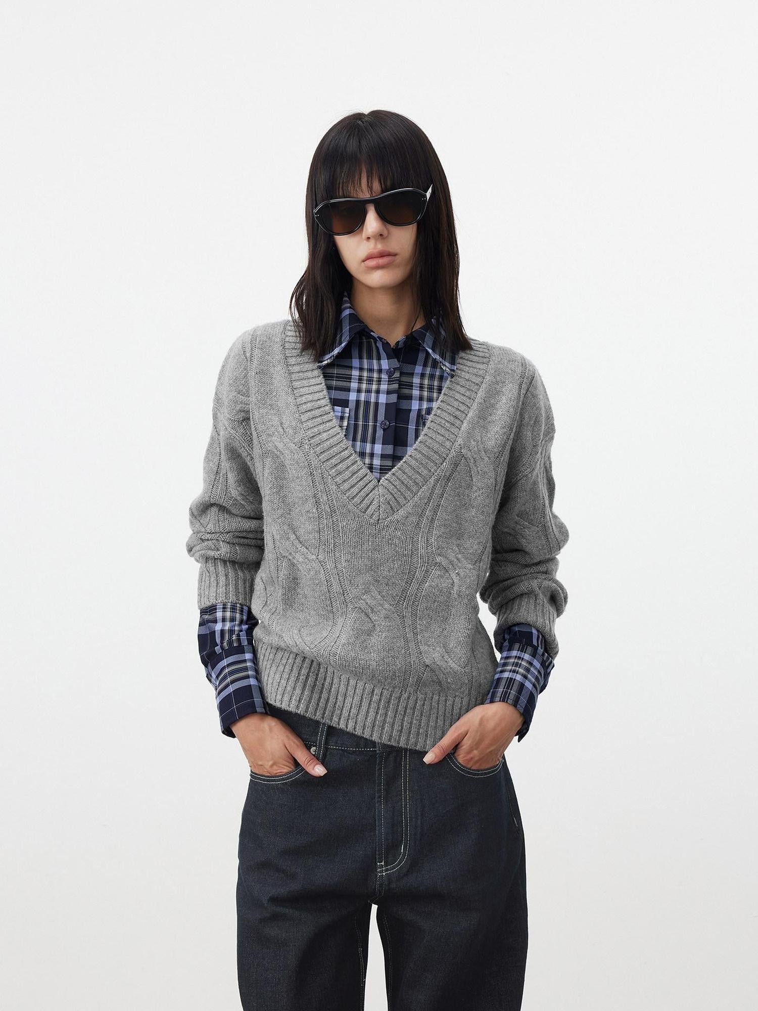 AFTADAWN Blue Contrast Check Shaped Pocket Waist Cinched Women&