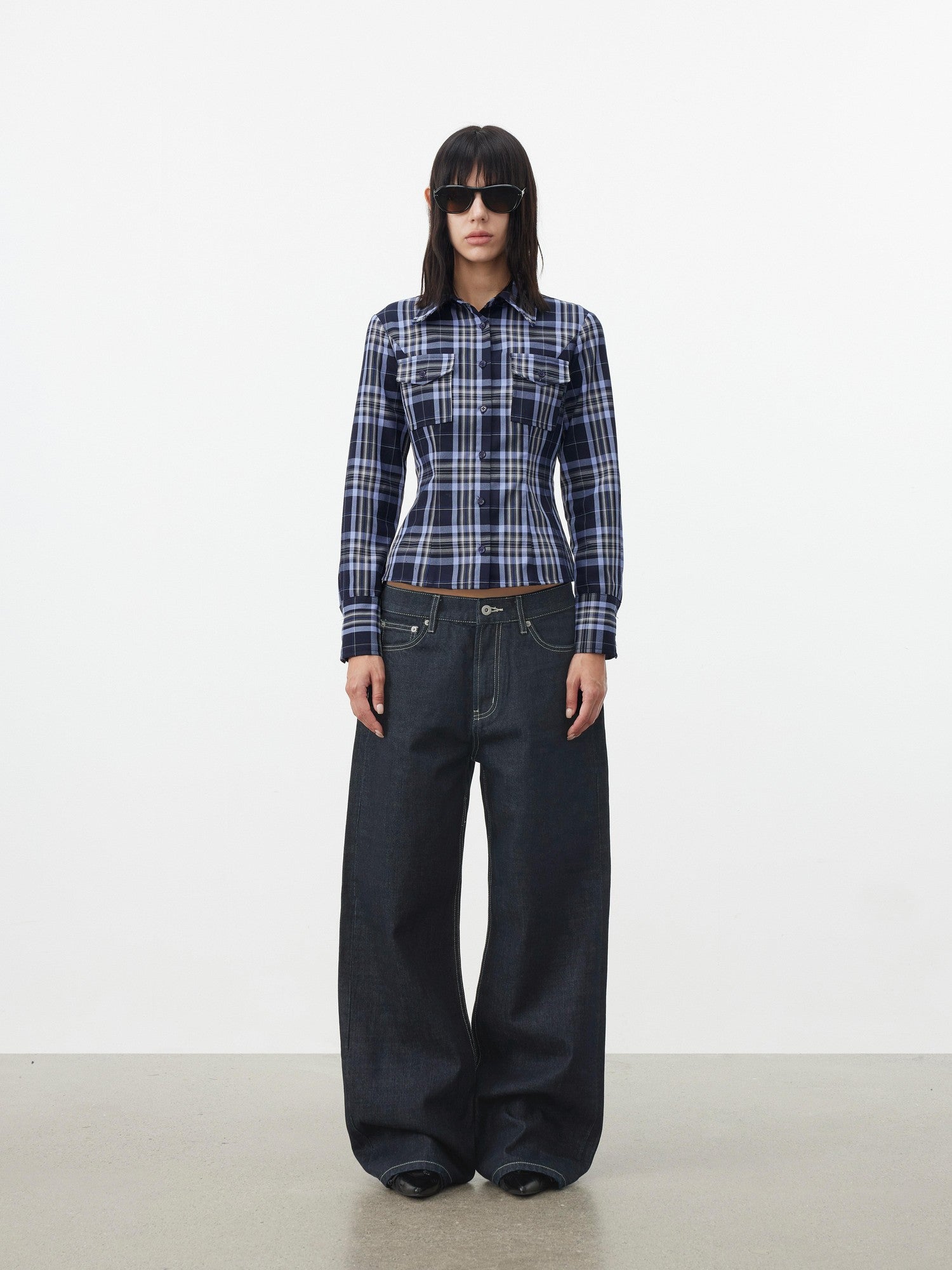 AFTADAWN Blue Contrast Check Shaped Pocket Waist Cinched Women&
