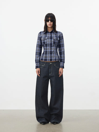 AFTADAWN Blue Contrast Check Shaped Pocket Waist Cinched Women&