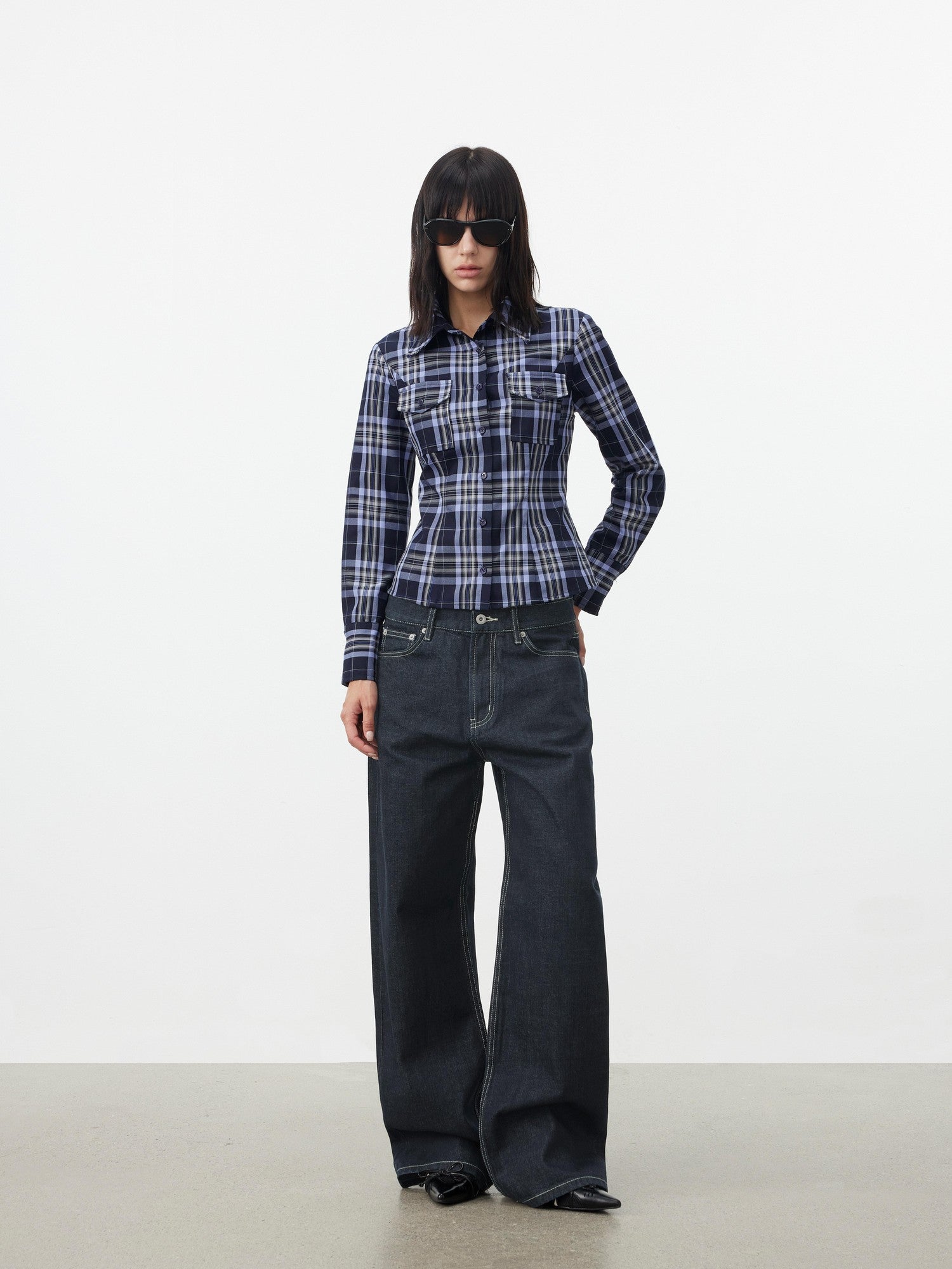AFTADAWN Blue Contrast Check Shaped Pocket Waist Cinched Women&