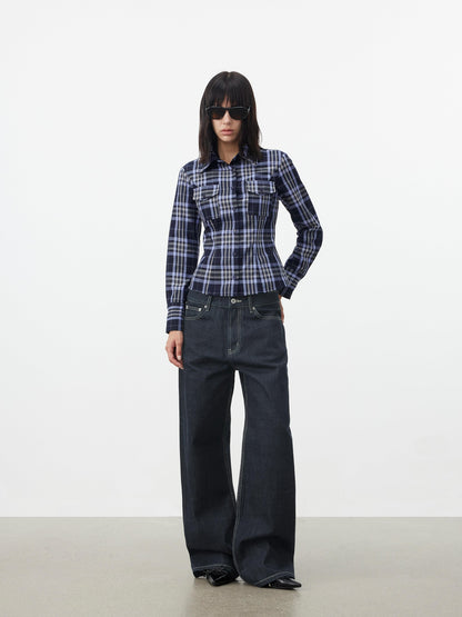 AFTADAWN Blue Contrast Check Shaped Pocket Waist Cinched Women&