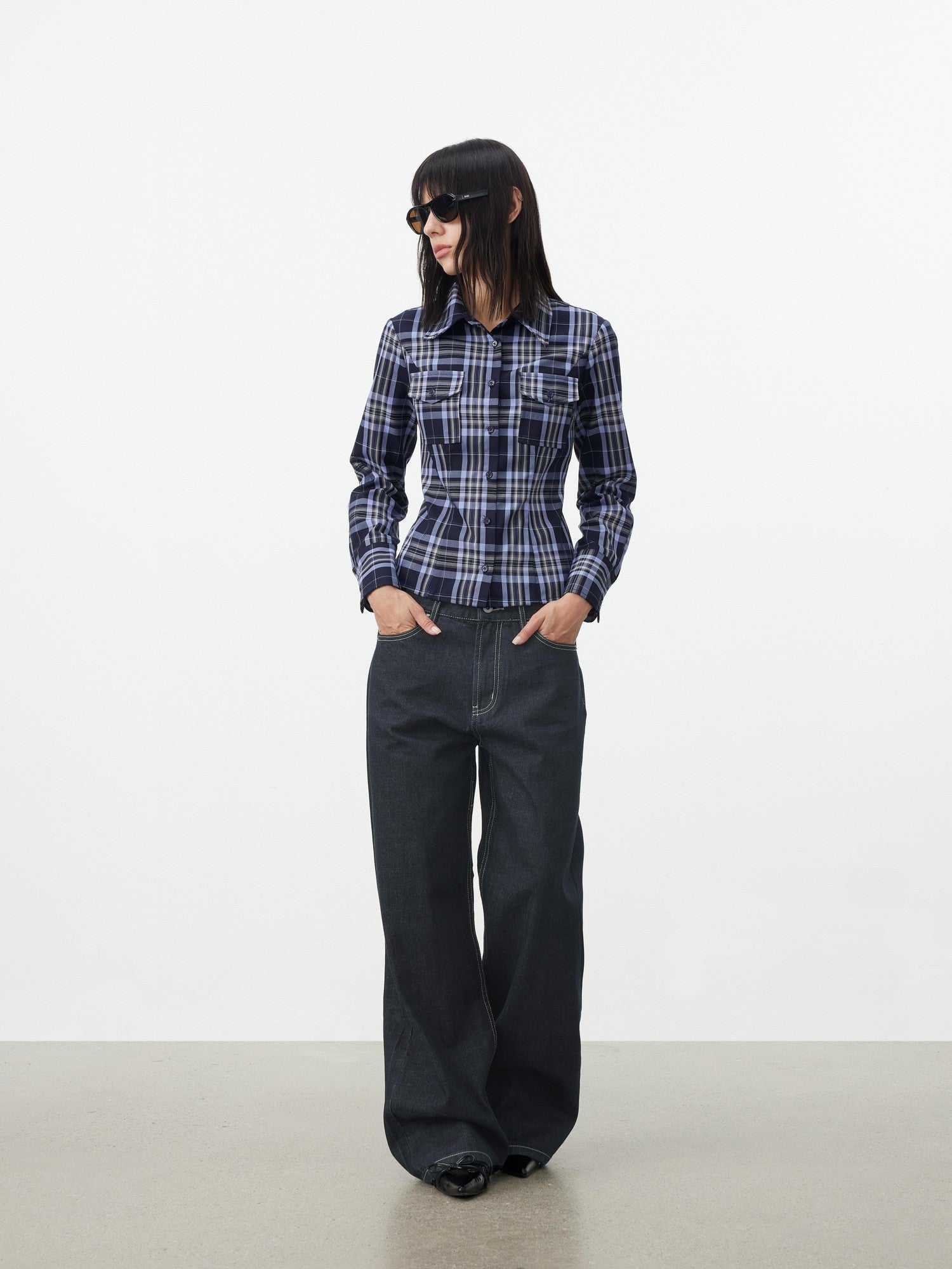 AFTADAWN Blue Contrast Check Shaped Pocket Waist Cinched Women&