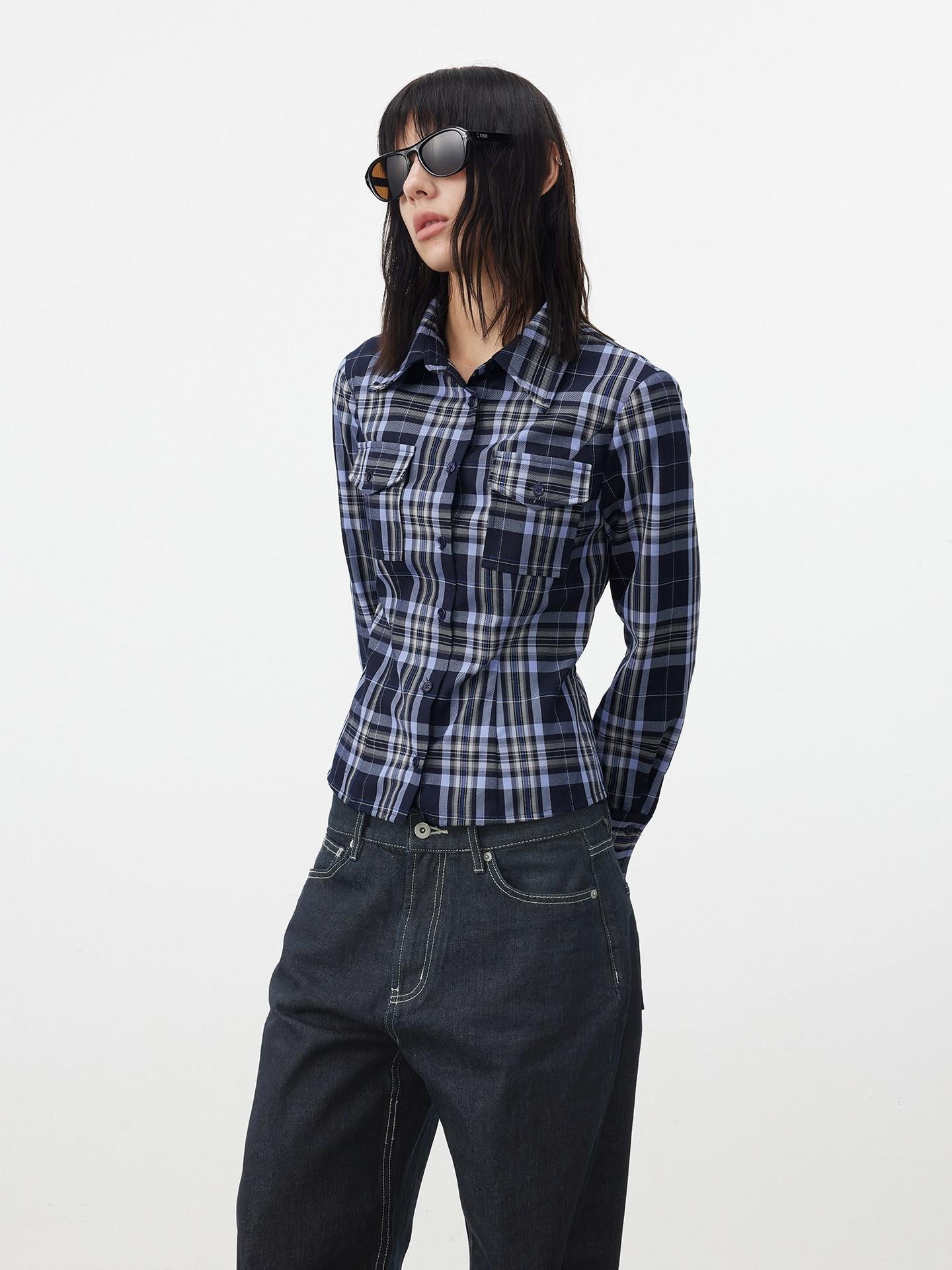 AFTADAWN Blue Contrast Check Shaped Pocket Waist Cinched Women&