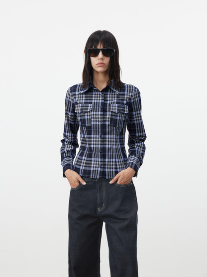 AFTADAWN Blue Contrast Check Shaped Pocket Waist Cinched Women&