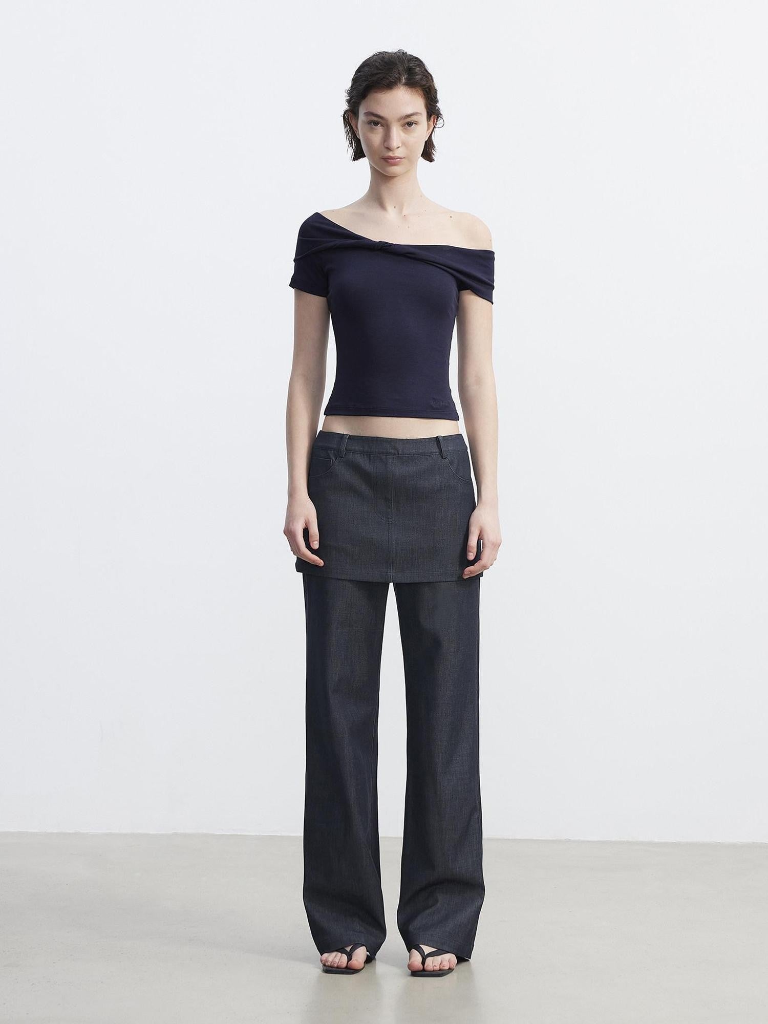 AFTADAWN Blue Faux Denim Draped Layered Spliced Women&