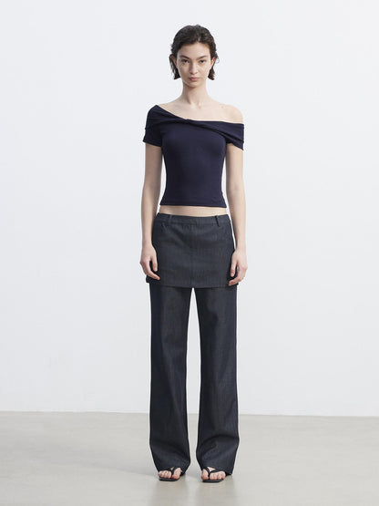 AFTADAWN Blue Faux Denim Draped Layered Spliced Women&