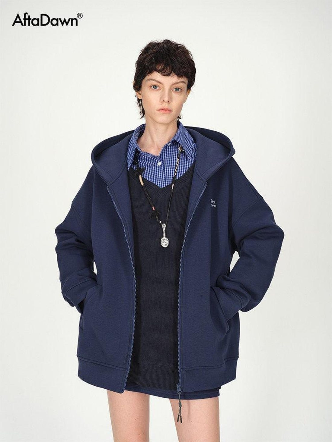 AFTADAWN Blue Hooded Zip A Line Solid Loose Women&