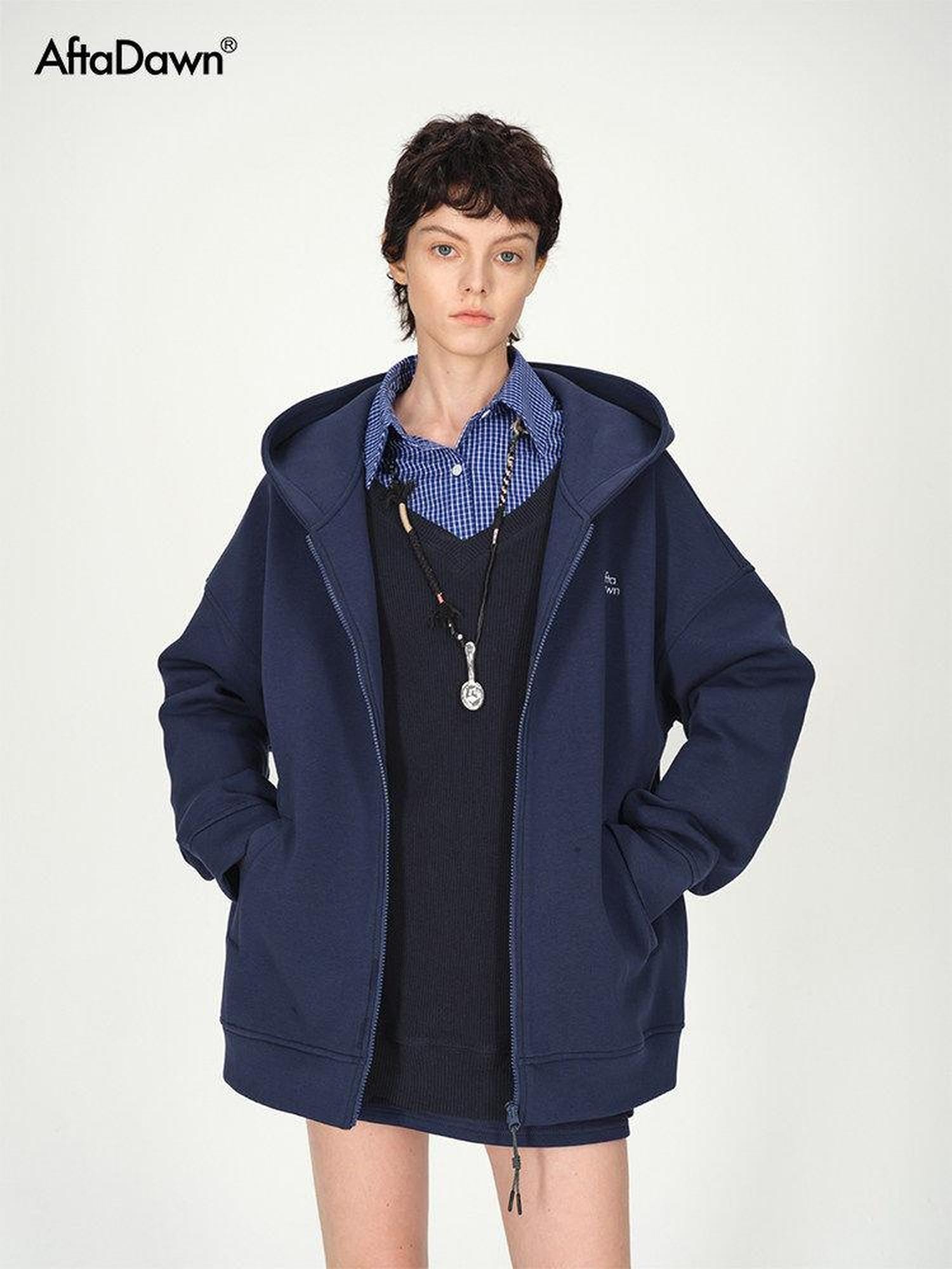 AFTADAWN Blue Hooded Zip A Line Solid Loose Women&