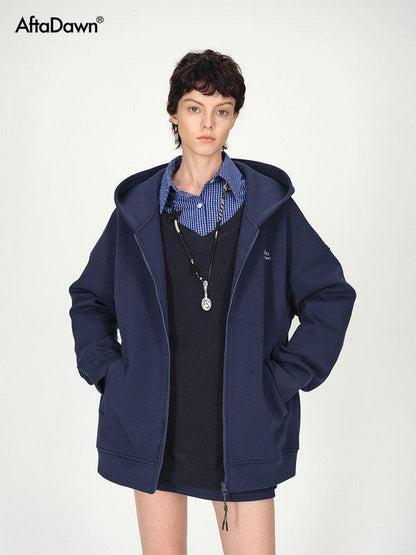 AFTADAWN Blue Hooded Zip A Line Solid Loose Women&