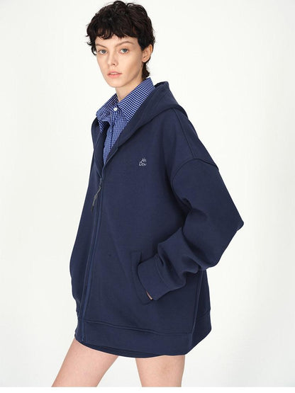 AFTADAWN Blue Hooded Zip A Line Solid Loose Women&