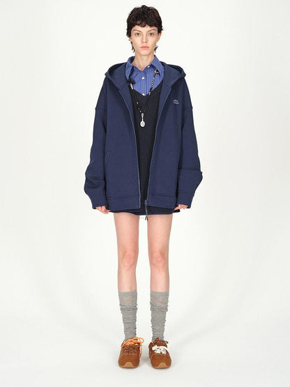 AFTADAWN Blue Hooded Zip A Line Solid Loose Women&