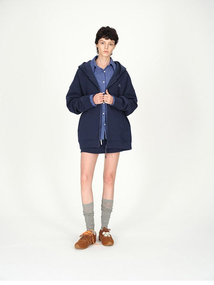 AFTADAWN Blue Hooded Zip A Line Solid Loose Women&