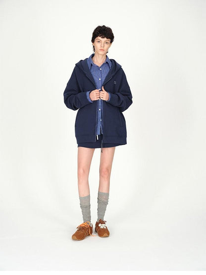 AFTADAWN Blue Hooded Zip A Line Solid Loose Women&