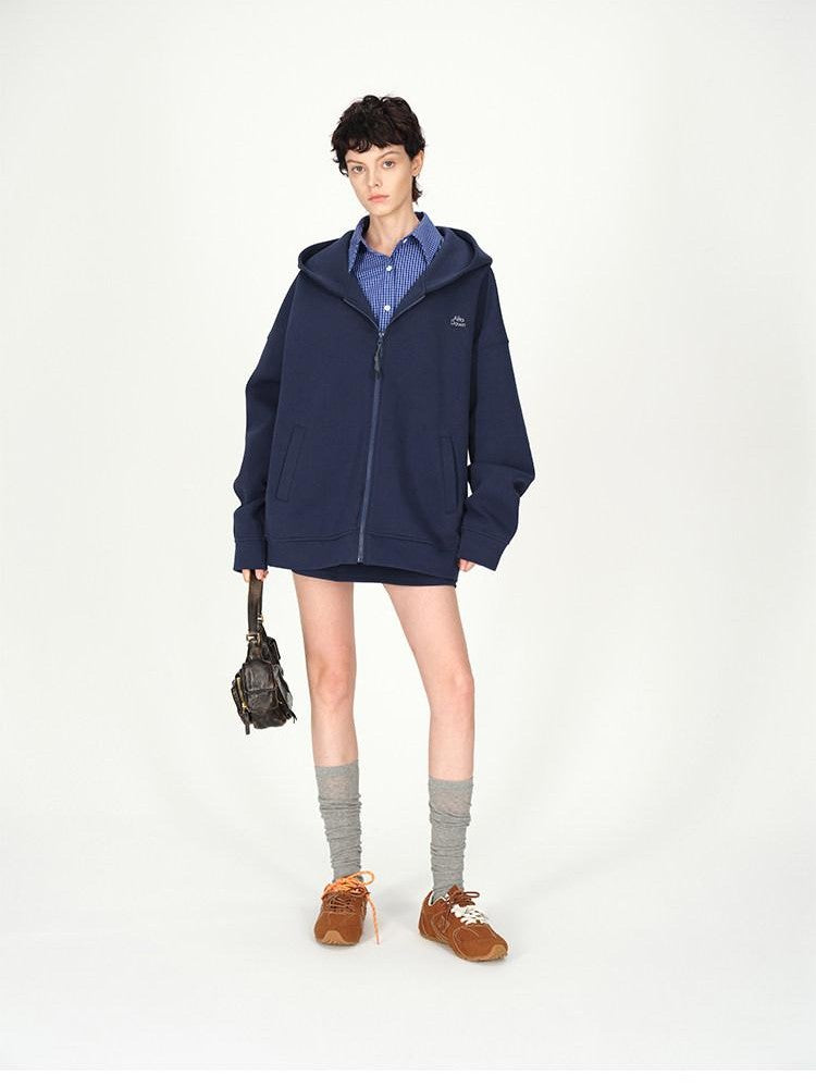 AFTADAWN Blue Hooded Zip A Line Solid Loose Women&
