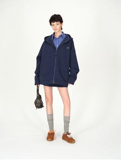 AFTADAWN Blue Hooded Zip A Line Solid Loose Women&