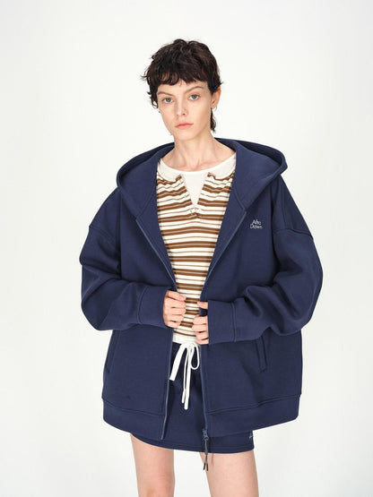 AFTADAWN Blue Hooded Zip A Line Solid Loose Women&