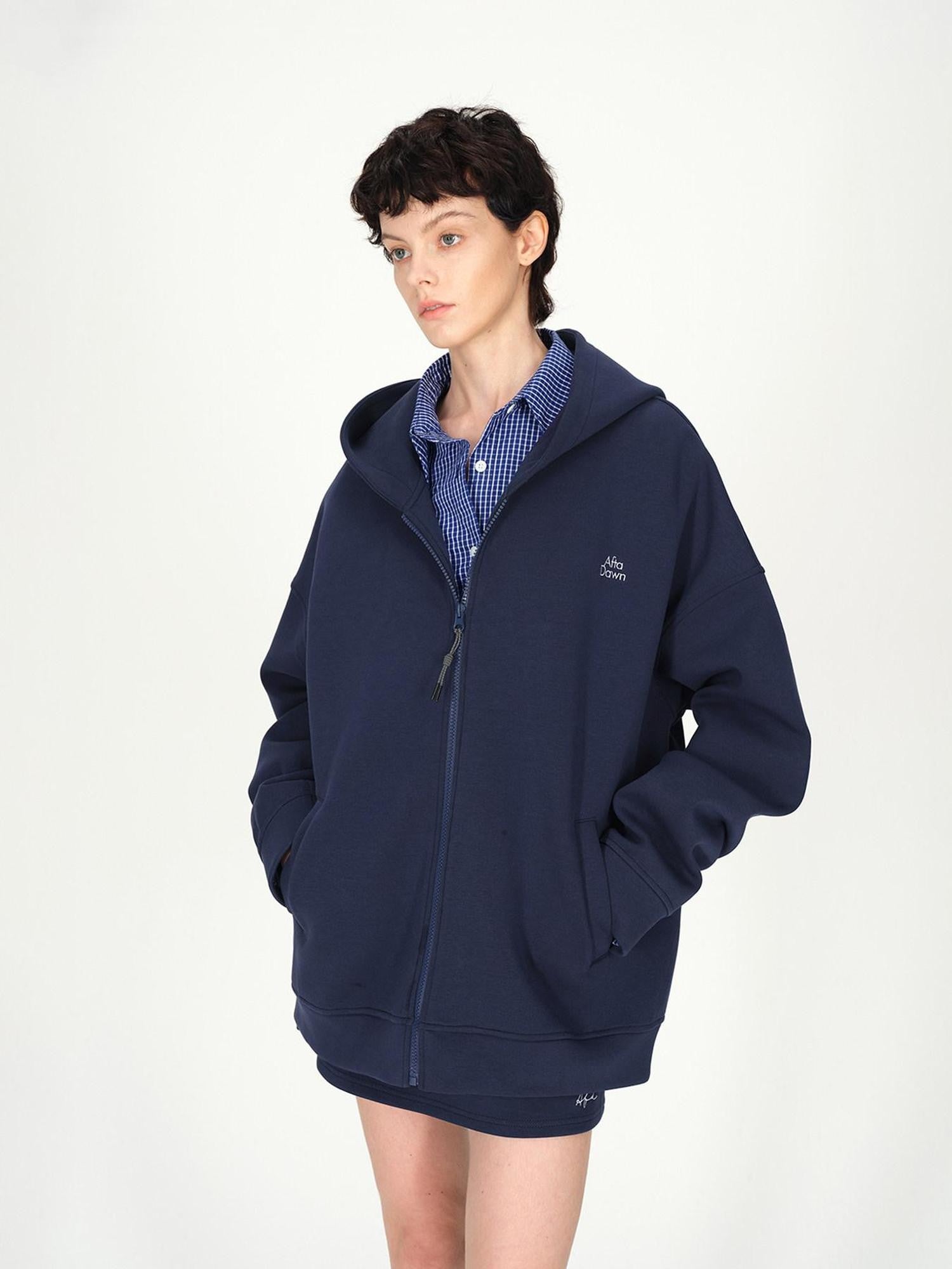 AFTADAWN Blue Hooded Zip A Line Solid Loose Women&