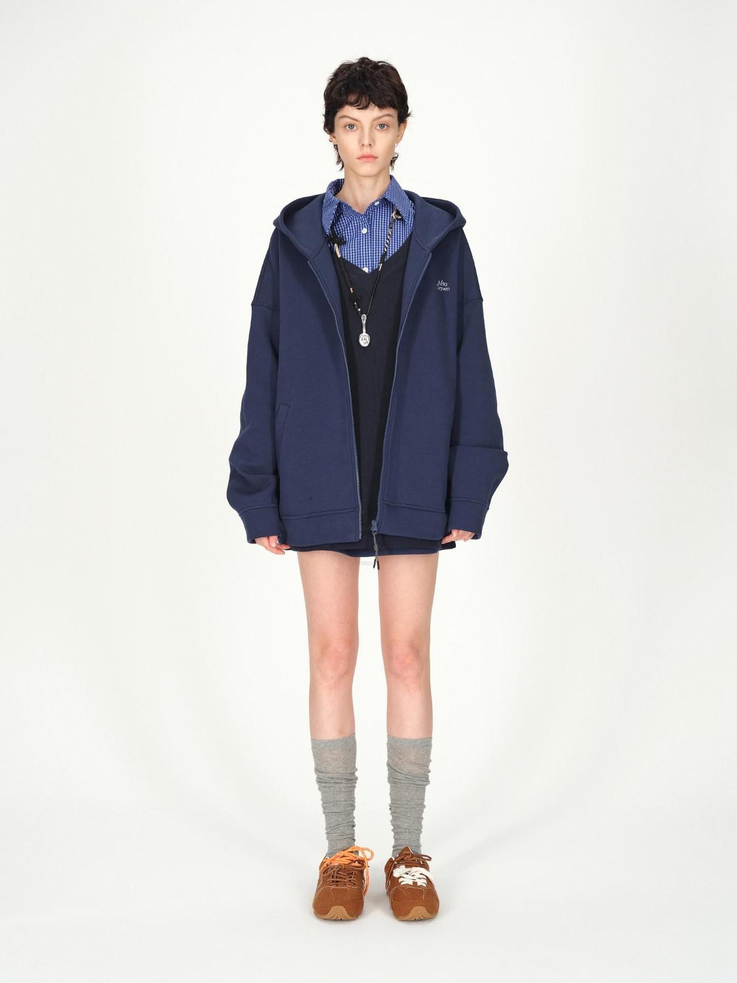 AFTADAWN Blue Hooded Zip A Line Solid Loose Women&