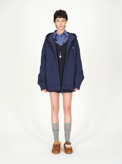 AFTADAWN Blue Hooded Zip A Line Solid Loose Women&