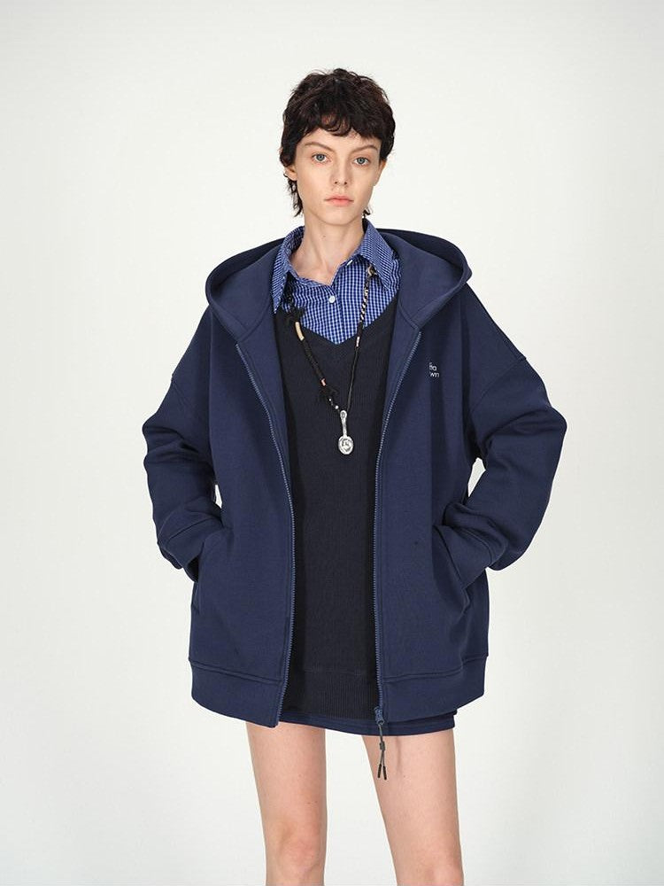AFTADAWN Blue Hooded Zip A Line Solid Loose Women&