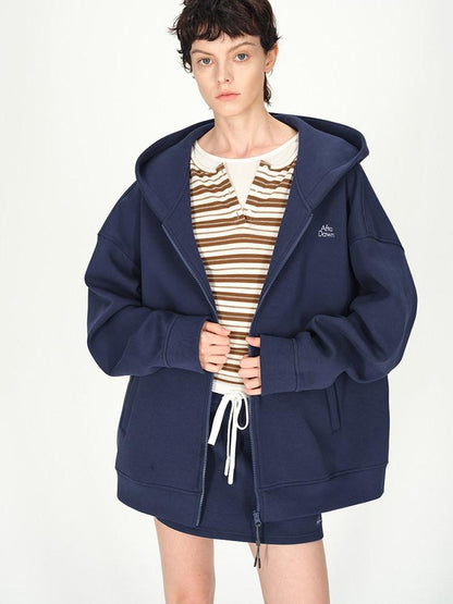 AFTADAWN Blue Hooded Zip A Line Solid Loose Women&