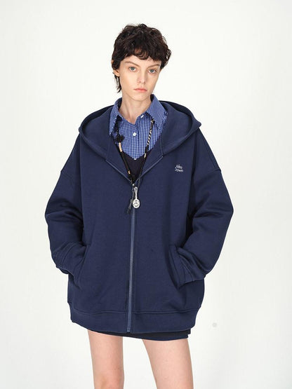 AFTADAWN Blue Hooded Zip A Line Solid Loose Women&