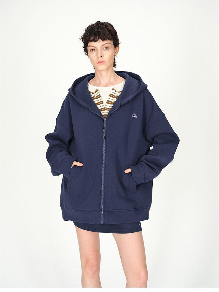 AFTADAWN Blue Hooded Zip A Line Solid Loose Women&