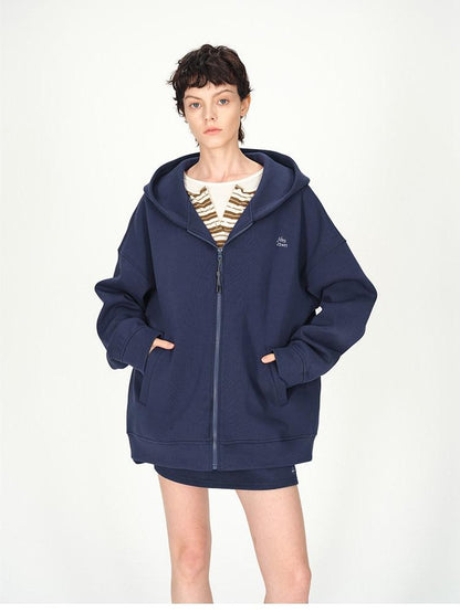 AFTADAWN Blue Hooded Zip A Line Solid Loose Women&