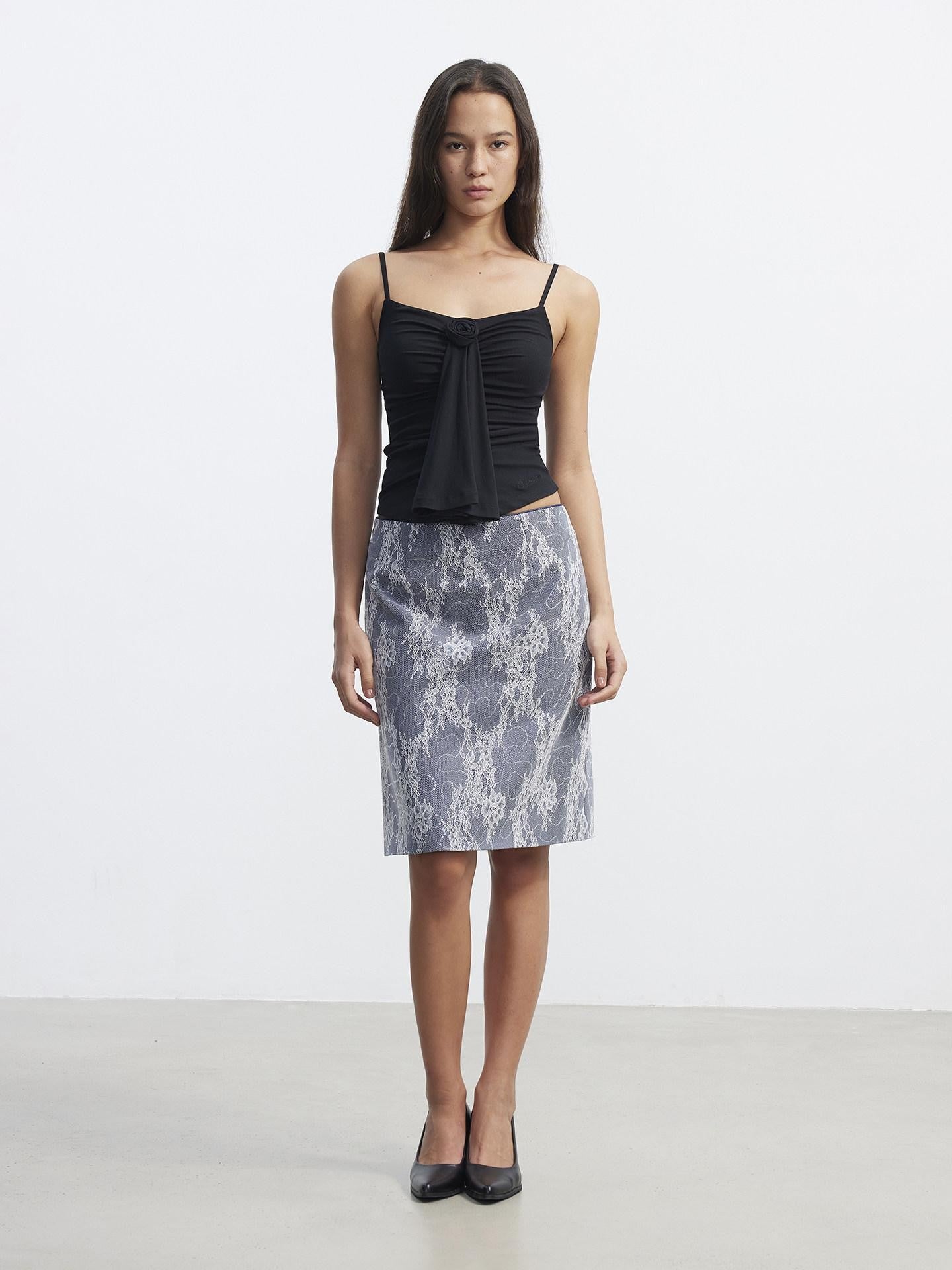 AFTADAWN Blue Lace Mesh Double Layer Spliced Embroidered Women&