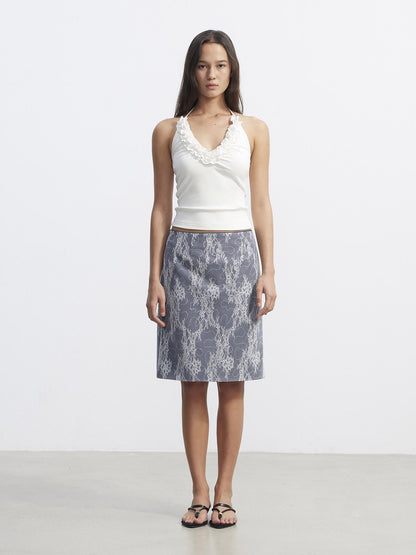 AFTADAWN Blue Lace Mesh Double Layer Spliced Embroidered Women&