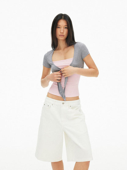 AFTADAWN Blue Pink Contrast Embroidered Tie V-neck Women&