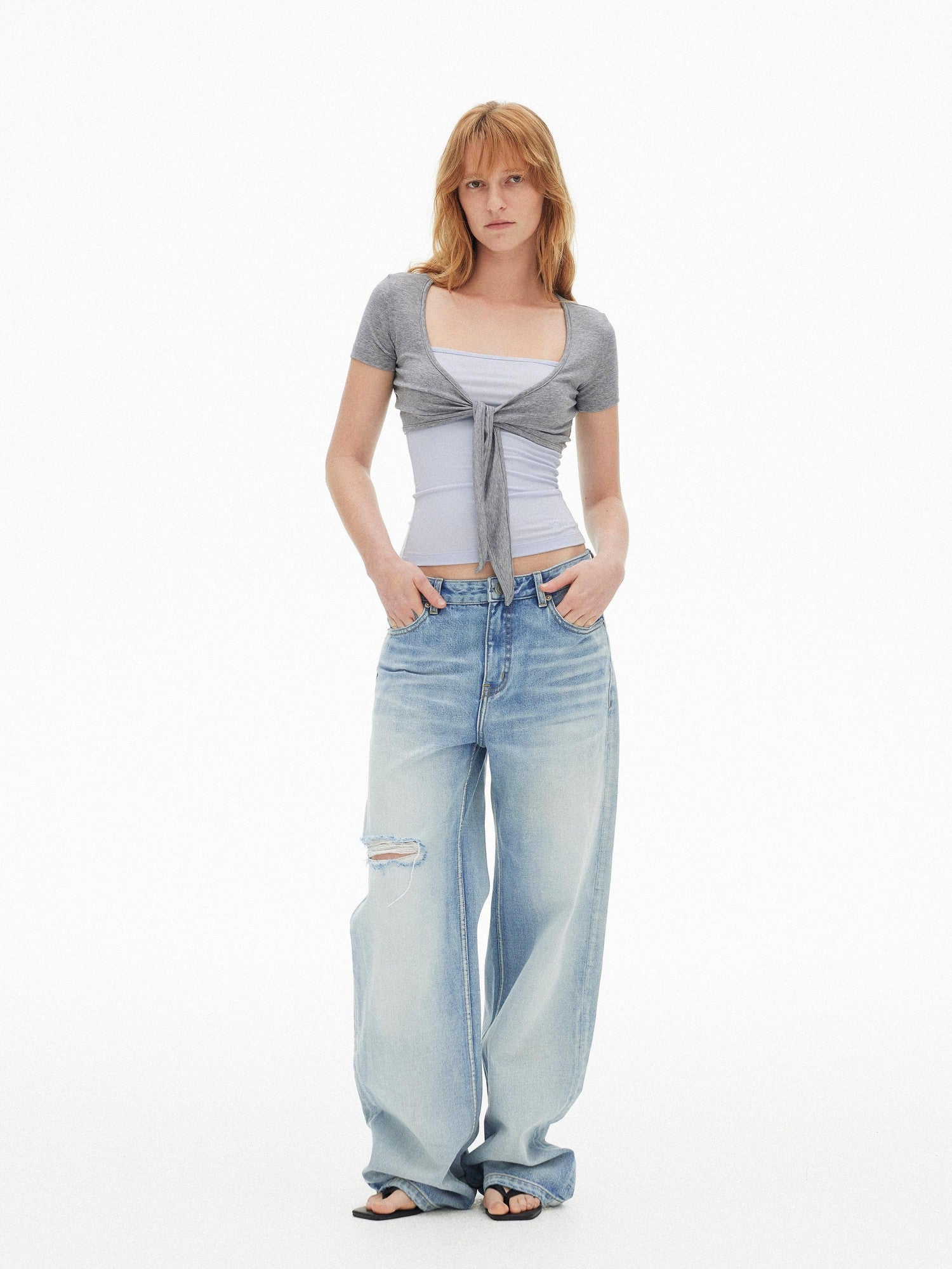 AFTADAWN Blue Pink Contrast Embroidered Tie V-neck Women&