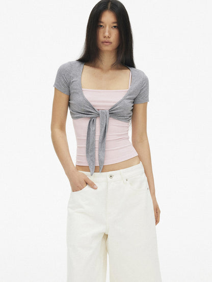 AFTADAWN Blue Pink Contrast Embroidered Tie V-neck Women&