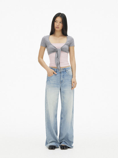 AFTADAWN Blue Pink Contrast Embroidered Tie V-neck Women&