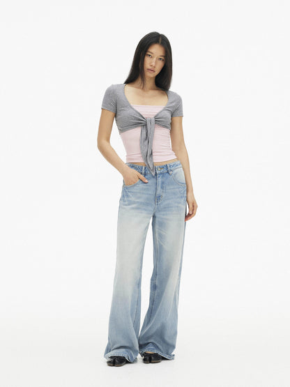 AFTADAWN Blue Pink Contrast Embroidered Tie V-neck Women&