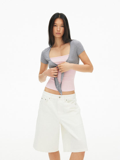 AFTADAWN Blue Pink Contrast Embroidered Tie V-neck Women&