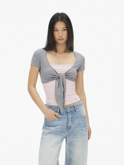 AFTADAWN Blue Pink Contrast Embroidered Tie V-neck Women&