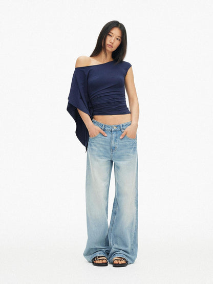 AFTADAWN Blue Purple One Shoulder Cinched Waist Pleated Women&