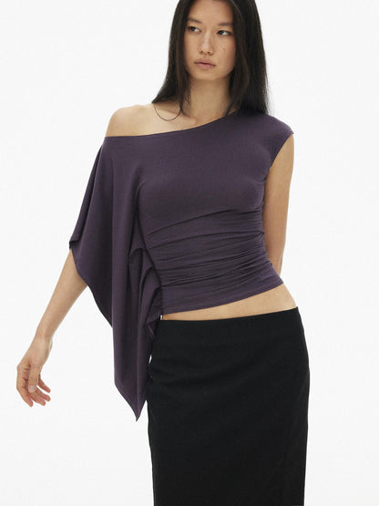 AFTADAWN Blue Purple One Shoulder Cinched Waist Pleated Women&