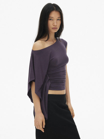 AFTADAWN Blue Purple One Shoulder Cinched Waist Pleated Women&