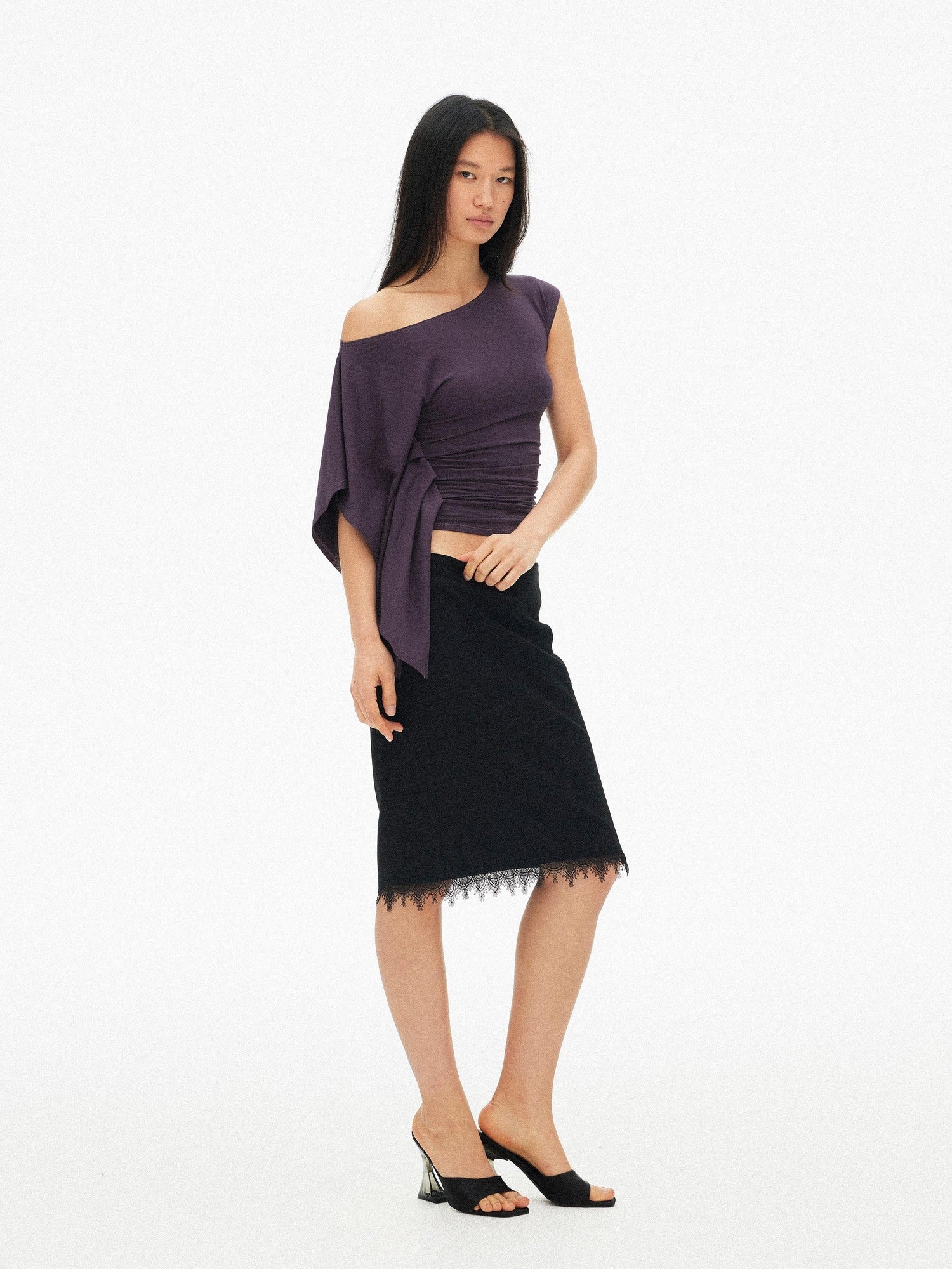 AFTADAWN Blue Purple One Shoulder Cinched Waist Pleated Women&