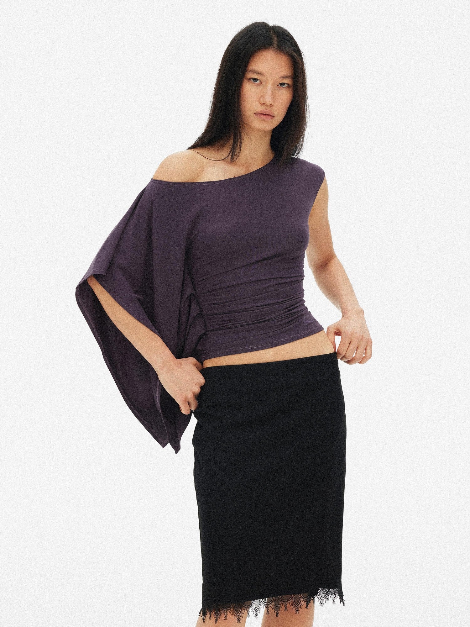 AFTADAWN Blue Purple One Shoulder Cinched Waist Pleated Women&