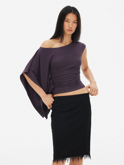AFTADAWN Blue Purple One Shoulder Cinched Waist Pleated Women&