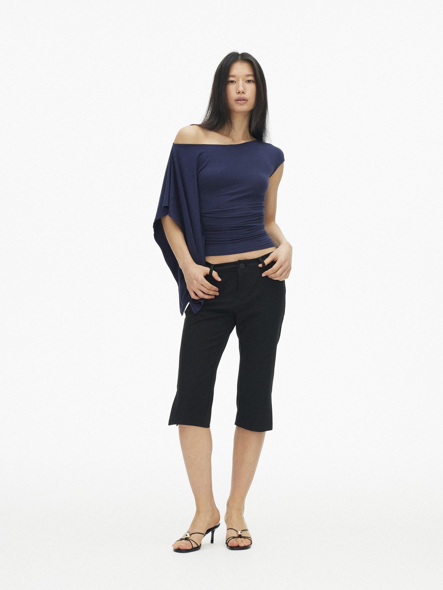 AFTADAWN Blue Purple One Shoulder Cinched Waist Pleated Women&