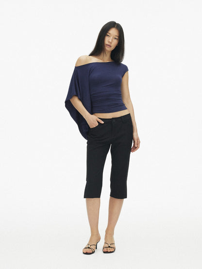 AFTADAWN Blue Purple One Shoulder Cinched Waist Pleated Women&