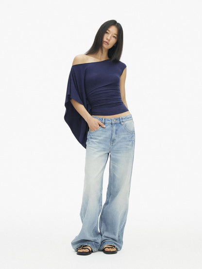 AFTADAWN Blue Purple One Shoulder Cinched Waist Pleated Women&
