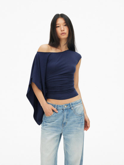 AFTADAWN Blue Purple One Shoulder Cinched Waist Pleated Women&