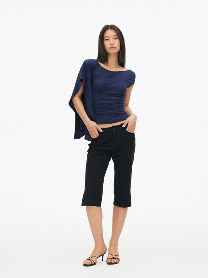 AFTADAWN Blue Purple One Shoulder Cinched Waist Pleated Women&