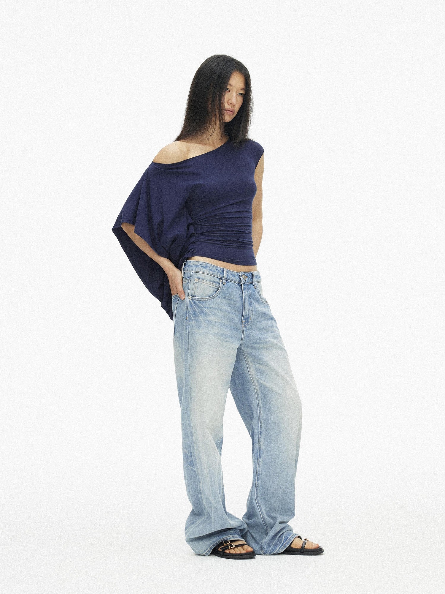 AFTADAWN Blue Purple One Shoulder Cinched Waist Pleated Women&