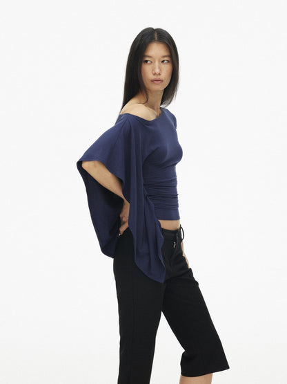 AFTADAWN Blue Purple One Shoulder Cinched Waist Pleated Women&